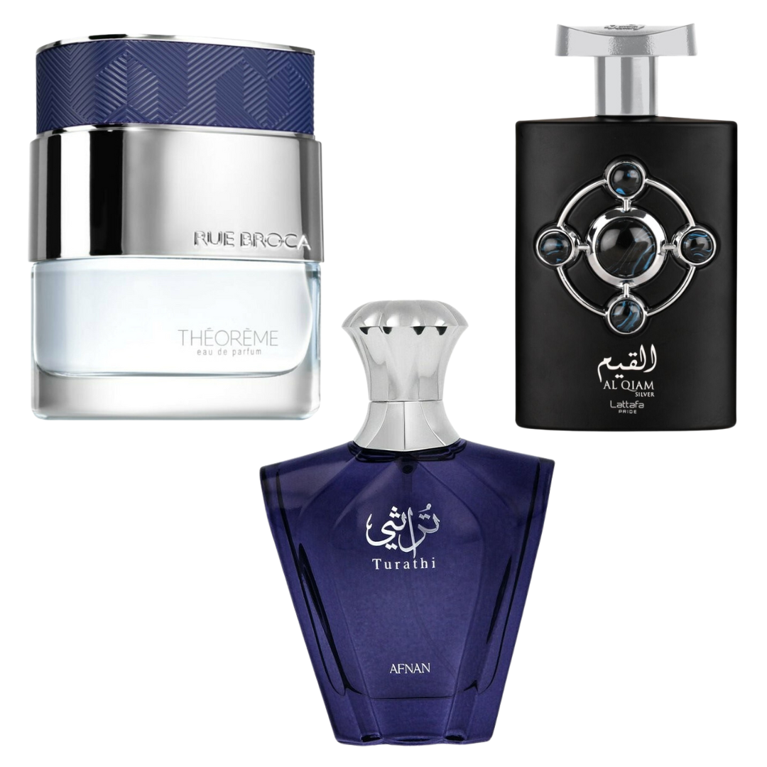 Decant/Sample Feel Of Bvlgari Tygar Pack,Rue Broca Theoreme,Afnan Turathi Blue And Lattafa Al Qiam Silver EDP 10mlX3