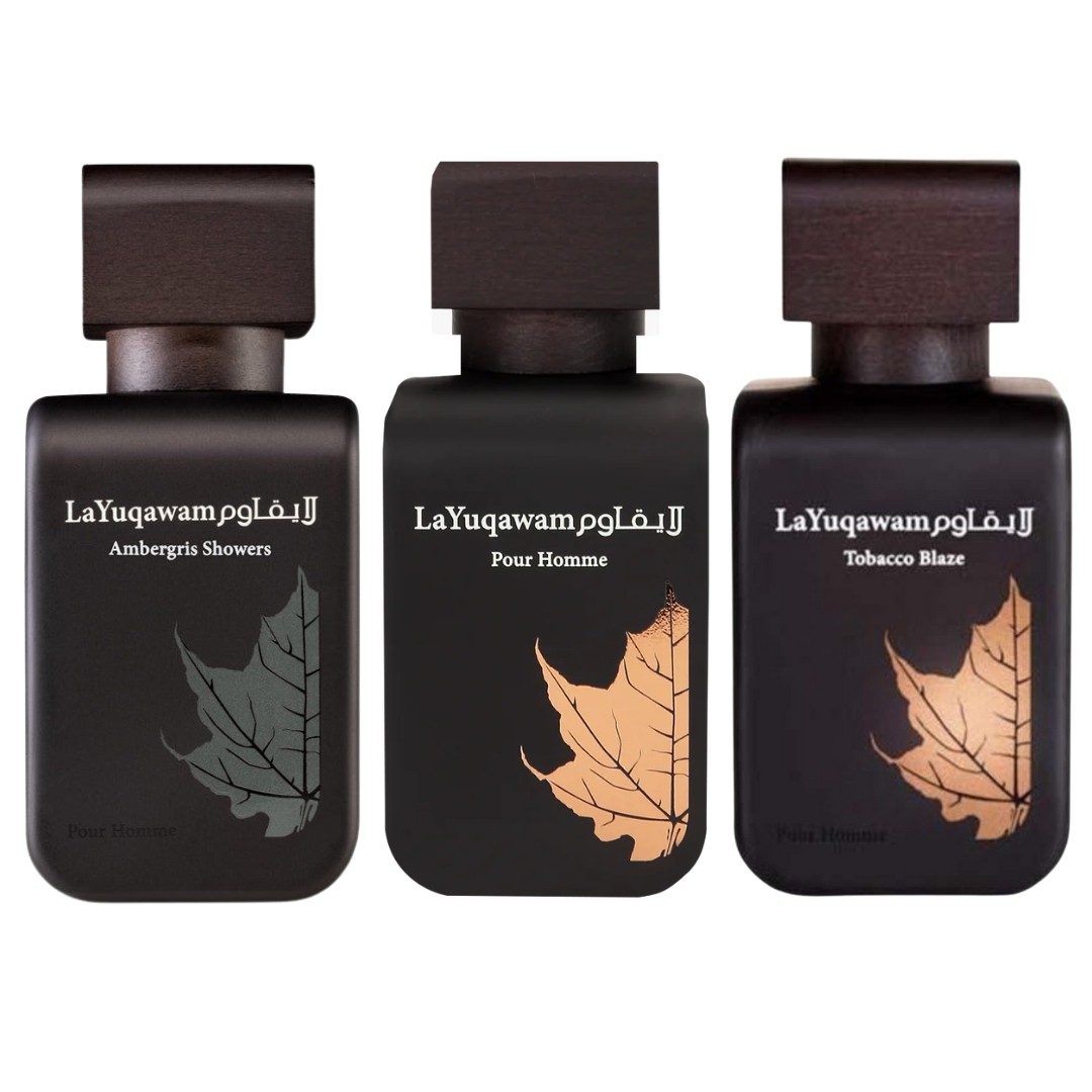 Decant/Sample Pack Of Rasasi Layuqawam Pour Homme, Layuqawam Tobacco Blaze And Layuqawam Ambergris Showers EDP 10mlX3